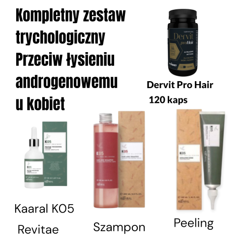  Androgenowe wypadanie włosów u kobiet- Pełna Kuracja - Kaaral K05 - Peeling K05 100 ml, Szampon K05 250 ml,  Revitae lotion 50 ml + Dervit PRO Hair 120 kaps.| Trychologiczny zestaw przeciw wypadaniu włosów | Kuracja na porost włosów + badania i dieta 