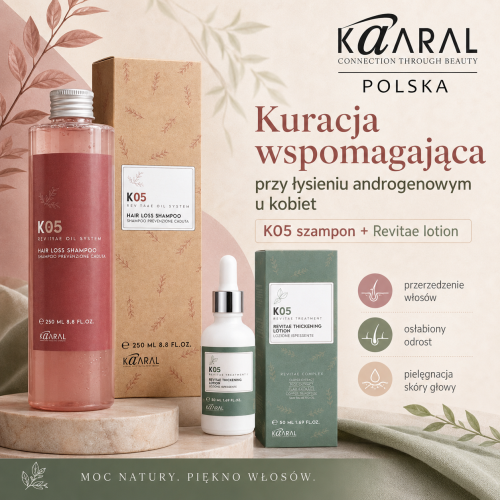  Androgenowe wypadanie włosów u kobiet- Pełna Kuracja - Zestaw  Kaaral K05, Szampon K05 przeciw wypadaniu włosów 250 ml,  Revitae lotion 50 ml | Trychologiczny zestaw przeciw łysieniu| Kuracja na porost włosów + badania i dieta. Darmowa wysyłka. 