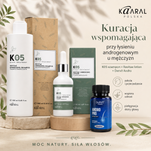   Kuracja Antyandrogenowa dla mężczyzn. Kompletny Zestaw  przeciw androgenowemu wypadaniu włosów – z Dervit Andro PRO , Serum Revitae  K05 Kaaral Aktywującym Uśpione Cebulki i Szamponem Kaaral K05 Revitae Przeciw Wypadaniu Włosów 250 ml. Darmowa Wysyłka!