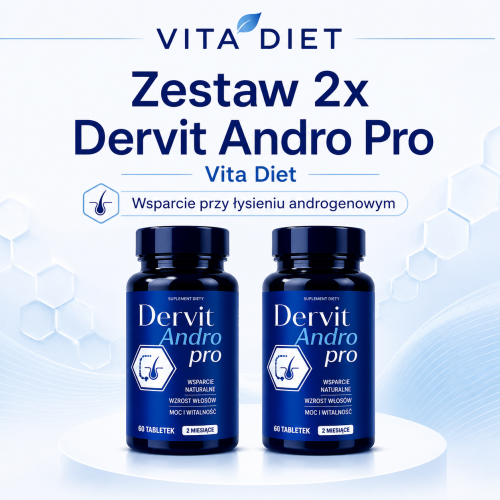 Dervit Andro Pro 2×90 kaps. Vita Diet – Zestaw na 3 miesiące na łysienie androgenowe i wypadanie włosów, blokuje DHT, Trychologiczna kuracja antyandrogenowa , wzmocnienie wzrostu włosów. Darmowa Wysyłka!