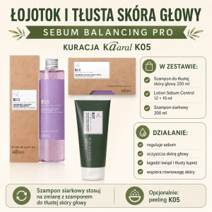 Pełna Kuracja na Łojotok, Przetłuszczanie Włosów i złuszczanie – Zestaw Kaaral K05 Sulfur Cream 200 ml + Szampon K05 250 ml + Ampułki Sebum Control 12 × 10 ml | Regulacja Sebum, Łupież Tłusty, Świąd + Plan Badań i Dieta | Darmowa Wysyłka