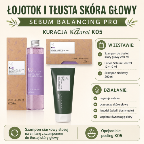 Pełna Kuracja na Łojotok, Przetłuszczanie Włosów i złuszczanie – Zestaw Kaaral K05 Sulfur Cream 200 ml + Szampon K05 250 ml + Ampułki Sebum Control 12 × 10 ml | Regulacja Sebum, Łupież Tłusty, Świąd + Plan Badań i Dieta | Darmowa Wysyłka