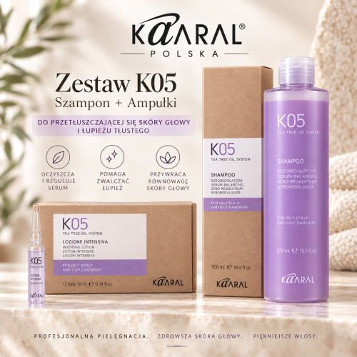  Kaaral K05 – Duży Zestaw do tłustej skóry głowy i łupieżu tłustego. Oczyszczająco-Regulujący| Szampon 500 ml + Ampułki 12x10 ml.  Naturalne Składniki Przeciwko Łojotokowi i Łupieżowi. Darmowa Dostawa