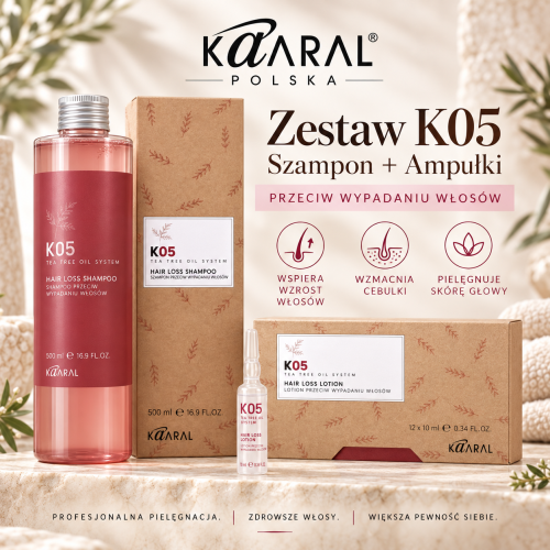 K05 KAARAL – Duży Zestaw przeciw wypadaniu włosów. Intensywna kuracja trychologiczna (Szampon 500 ml + Ampułki 12x10ml). Stymuluje wzrost, wzmacnia cebulki, redukuje wypadanie. Z olejkiem z drzewa herbacianego, pokrzywą, papryką i arniką. Darmowa Wysyłka!